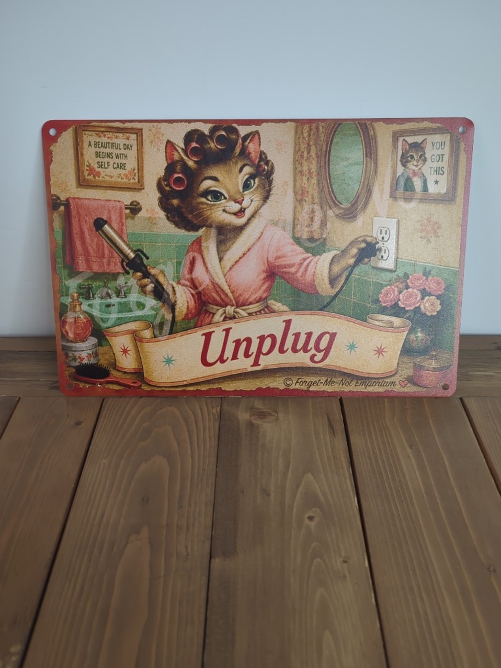 Vintage Style Tin Sign - "Unplug" Whimsical Cat Bathroom Decor